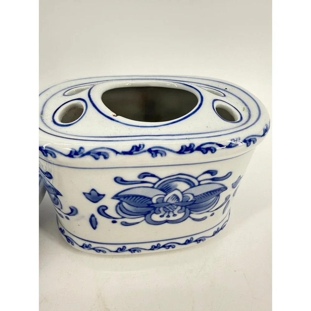Unbranded Bathroom Vanity Set 1970s OS Blue White Floral Ceramic 2pc Vintage